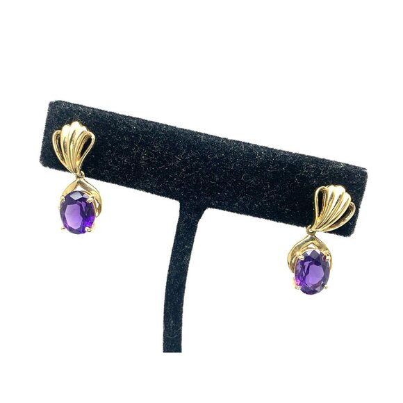 14k Yellow Gold Oval Purple Gemstone Women's Dangle Earrings Estate Jewelry - Picture 14 of 14
